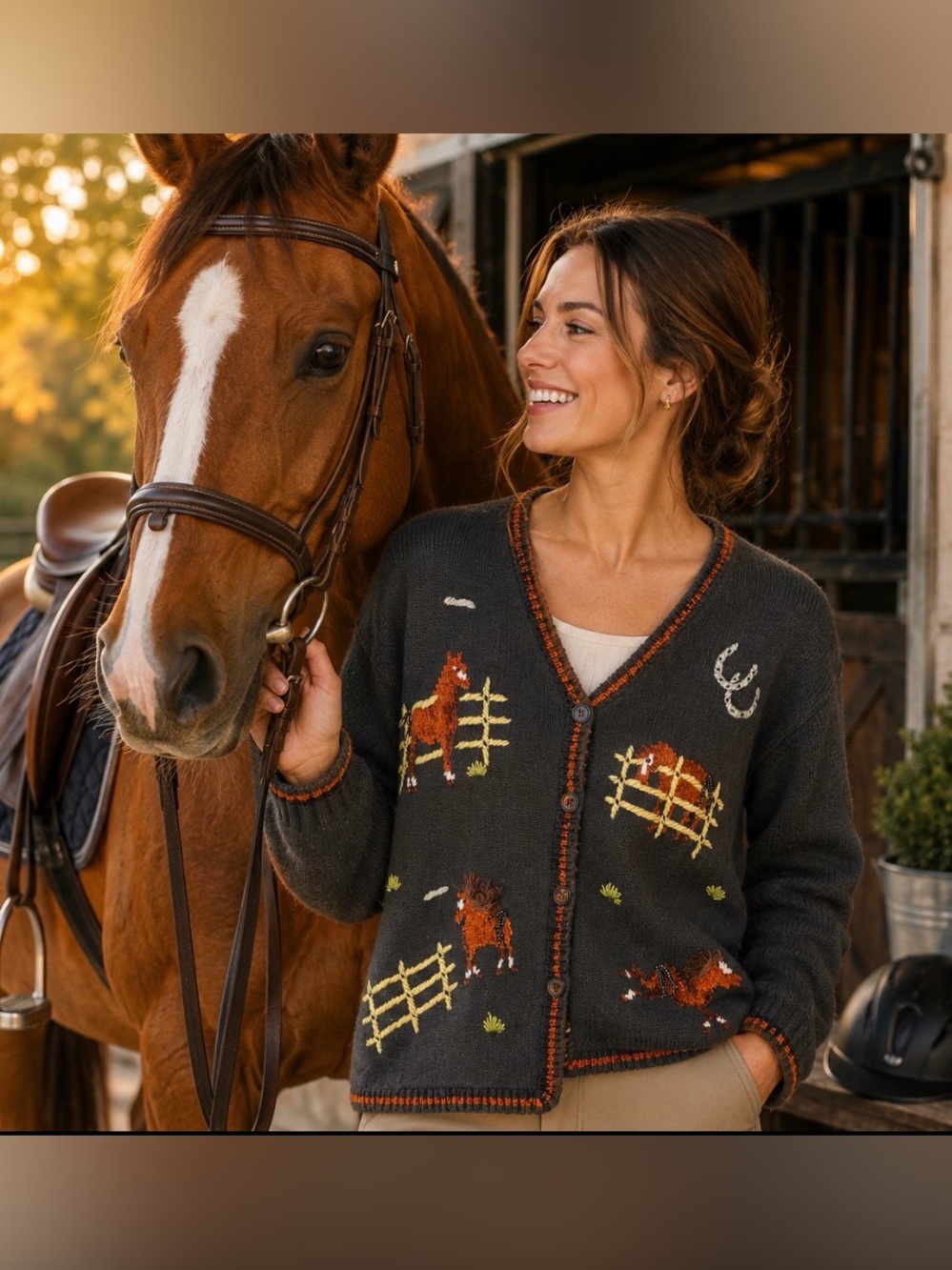 Victoria Harbour Vintage Horse Embroidered V-Neck Cardigan Sweater